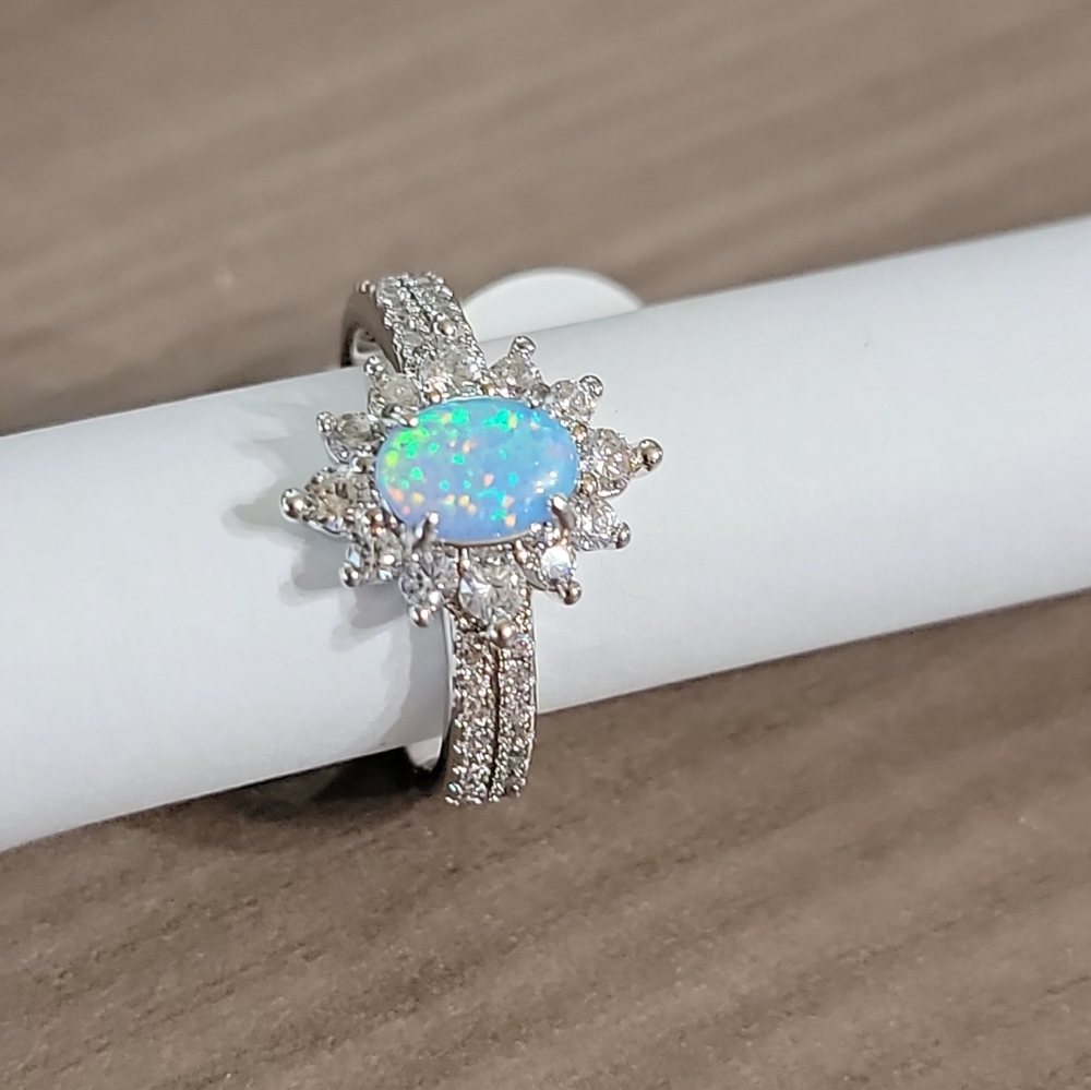 Stunning Lab Grown Light Blue Fire Opal ring, size 5